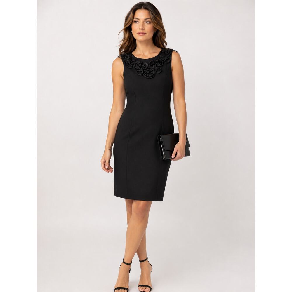Calvin Klein Black Rosette Sheath Sleeveless Dress - Size 12 - Picture 2 of 7